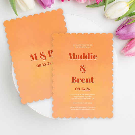 Fette moderne orange Sunset-Monogramm-Hochzeit Einladung