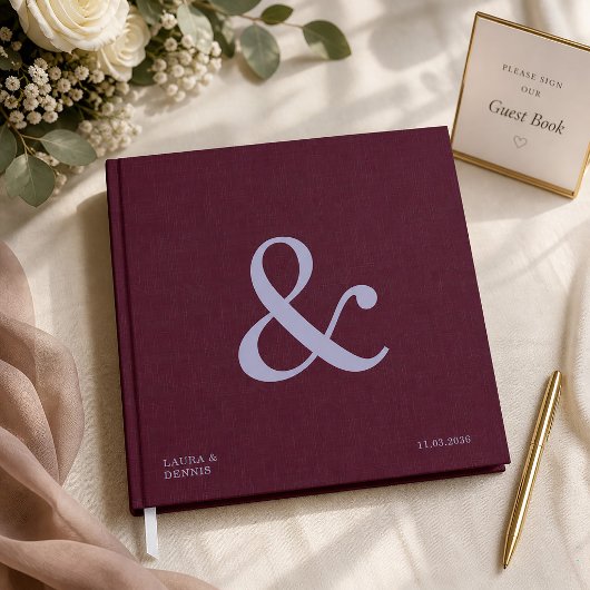 Fette Monogramm Dunkelrote Leinenstoff-Optik Hochz Gästebuch