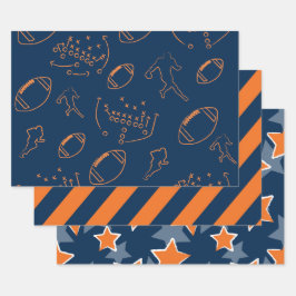 Fette Orange- und Navyblau-Sterne und Fußbälle Geschenkpapier Set