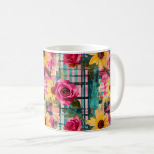 Fette Pink-Rosen-Sonnenblumen-Karo in Magenta und Kaffeetasse
