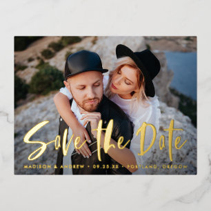 Fette Pinsel-Schriftart Foto Save-the-Date Folie Einladungspostkarte