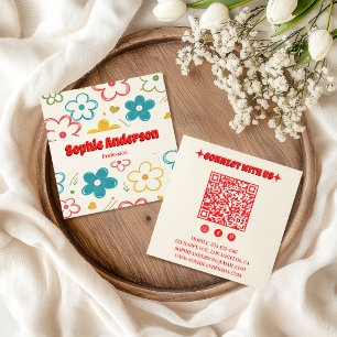 Fette Retro-Blumen-QR-Code mit roter Typografie Quadratische Visitenkarte
