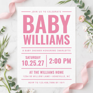 Fette rosa Typografie Mädchen-Baby-Party Einladung