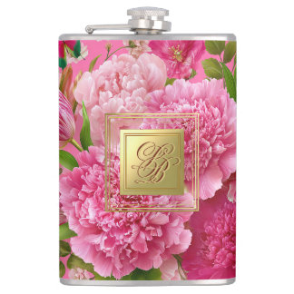 Fette rosa und grüne florale Monogramm-Party-Flasc Flachmann