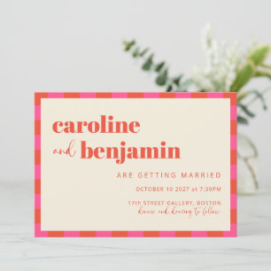 Fette rosa und orange Schachbrettmuster-Hochzeit  Einladung