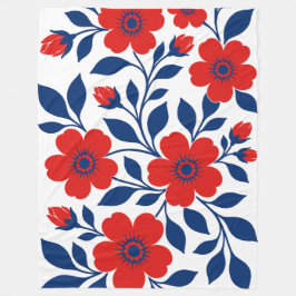 Fette rote Blumen und marineblaue Blätter Fleecedecke