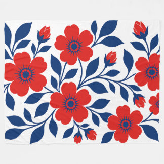 Fette rote Blumen und marineblaue Blätter Fleecedecke