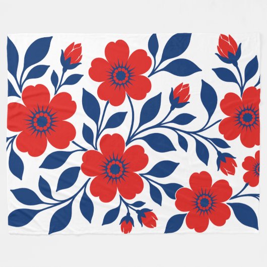 Fette rote Blumen und marineblaue Blätter Fleecedecke (Vorderseite (Horizontal))