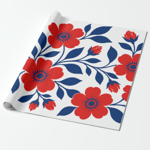 Fette rote Blumen und marineblaue Blätter Geschenkpapier
