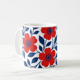 Fette rote Blumen und marineblaue Blätter Kaffeetasse