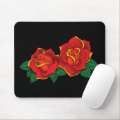 Fette rote traditionelle Rosen-Tätowierung Schwarz Mousepad (Mit Mouse)
