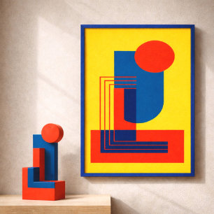 Fette rote und blaue Formen auf gelbem Hintergrund Poster