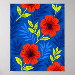 Fette scharlachrote Blüten mit eleganten Blättern Poster