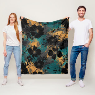 Fette schwarze florale Silhouette mit Teal & Senf Fleecedecke