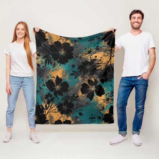 Fette schwarze florale Silhouette mit Teal & Senf Fleecedecke (Beispiel)