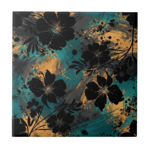 Fette schwarze florale Silhouette mit Türkis und S Fliese