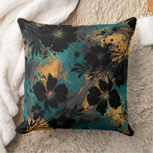 Fette schwarze florale Silhouette mit Türkis und S Kissen
