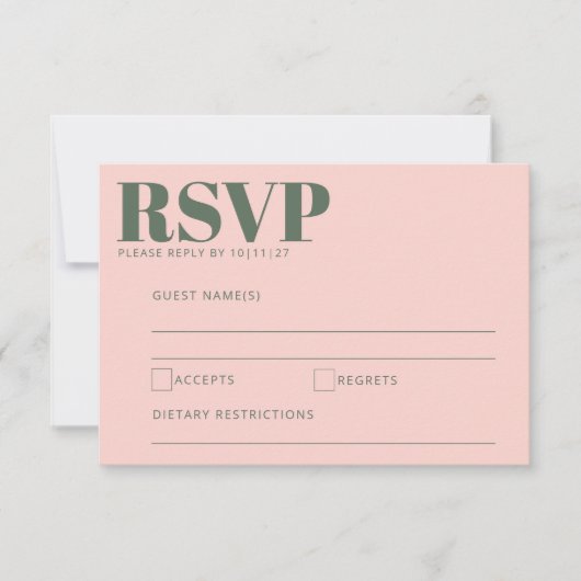 Fette Typografie Blush Pink Green Moderne Hochzeit RSVP Karte (Vorderseite)