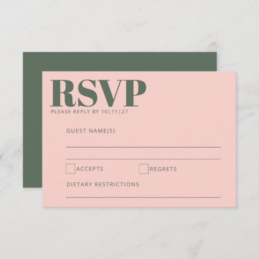 Fette Typografie Blush Pink Green Moderne Hochzeit RSVP Karte (Vorne/Hinten)