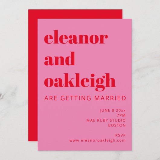 Fette Typografie Bright Pink und Red Modern Weddin Einladung (Vorne/Hinten)
