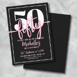 Fette Typografie Pink Moderne 50. Geburtstag Einladung<br><div class="desc">Eine einfache und moderne 50. Geburtstagsfeier, die perfekt zum Feiern dieses Meilensteins im Stil. Das elegante Design ist mit einem fett schwarzen Hintergrund und einem prominenten "50" oben ausgestattet. Unten, "50" ist elegant in Skriptkalligraphie geschrieben, wodurch eine Touch der Raffinesse hinzugefügt wird. Der Text verbindet eine Mischung aus einfachen, modernen...</div>