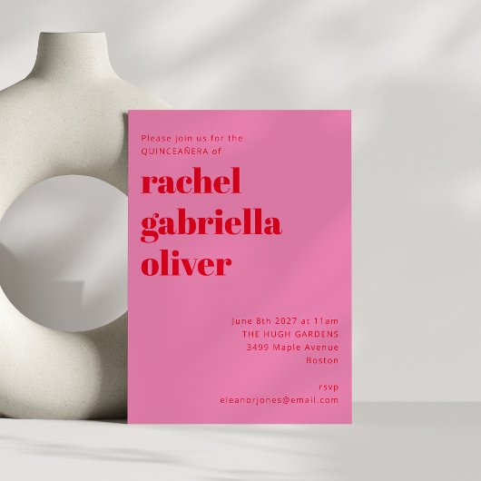 Fette Typografie Rosa und Rot Moderne QUINCEAÑERA Einladung