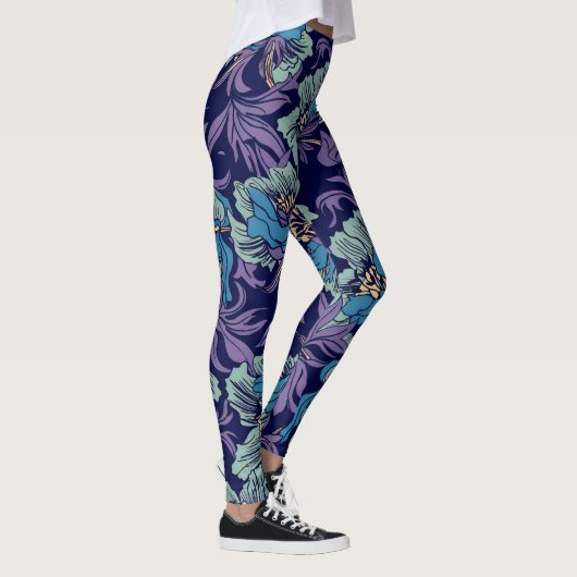 Fetter Blau- und Türkisblumen-Print Botanisches Mu Leggings (Rechts)