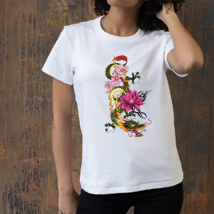 Fetter Grüner Chinesischer Drache Lotus Türkis Tat T-Shirt