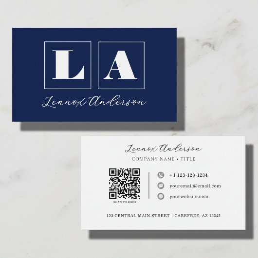 Fetter Monogramm-QR-Code Blau Visitenkarte