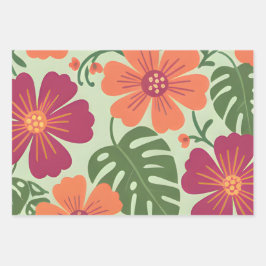 Fetter Tropischer Hibiskus & Monstera-Blatt Geschenkpapier Set