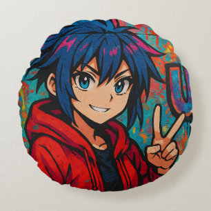 Fettes rotes Anime-USA-Grafik-T-Shirt Rundes Kissen