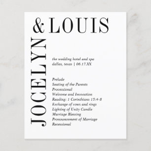 Fettes Schwarz-Weiß-Hochzeitsprogramm im modernen Flyer