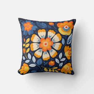 Fettflorale Illustration in Orange und Blau Kissen