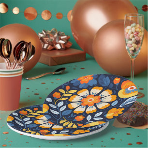 Fettflorale Illustration in Orange und Blau Pappteller