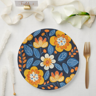 Fettflorale Illustration in Orange und Blau Pappteller