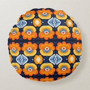Fettflorale Illustration in Orange und Blau Rundes Kissen