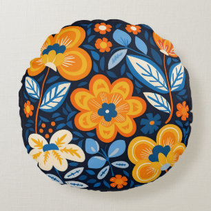 Fettflorale Illustration in Orange und Blau Rundes Kissen