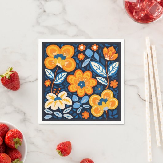 Fettflorale Illustration in Orange und Blau Serviette (Beispiel)