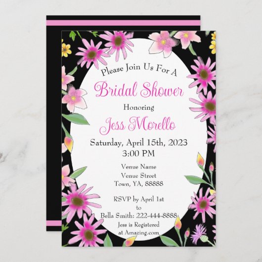 Fettflorales Brautparty Schwarz Pink Wasserfarbe Einladung (Vorne/Hinten)