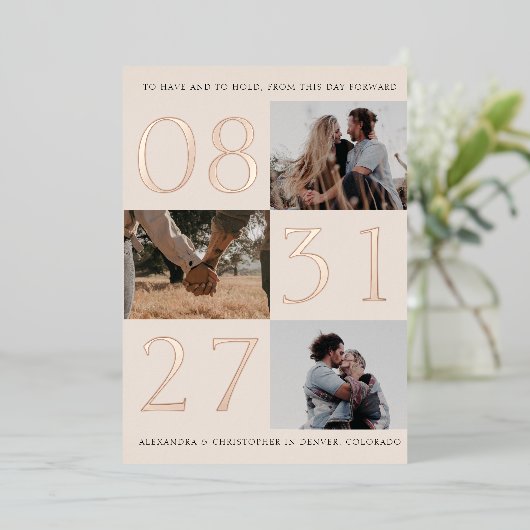 Fettformatierte Date Triple-Foto-Save the Date-Kar Folieneinladung (Stehend vorne)