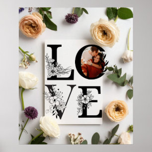 Fettgedrucktes Liebesskript Rosa und rote Blumen V Poster
