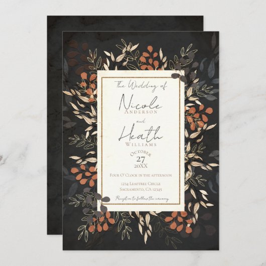 Fettgewebte botanische Blätter Gray Gold Wedding Einladung (Vorne/Hinten)