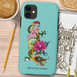 Fettgrüne chinesische Drachen-Lotos-Teal-Tätowieru Case-Mate iPhone Hülle