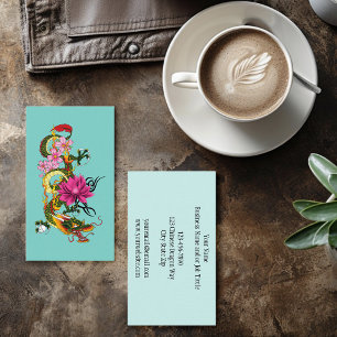 Fettgrüne chinesische Drachen-Lotos-Teal-Tätowieru Visitenkarte