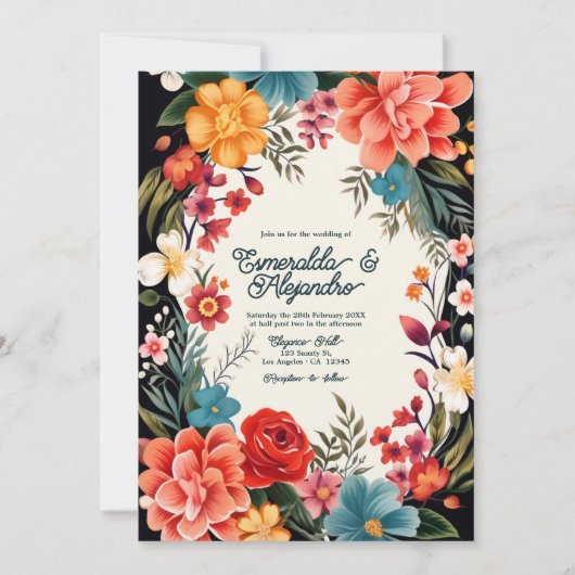 Fettlebiges florales Fiesta Wedding Foto & QR Code Einladung (Vorderseite)