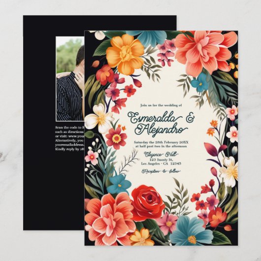Fettlebiges florales Fiesta Wedding Foto & QR Code Einladung (Vorne/Hinten)