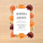 Fettorange blühende Blume Transparente Hochzeit Acryleinladungen (Vorderseite)