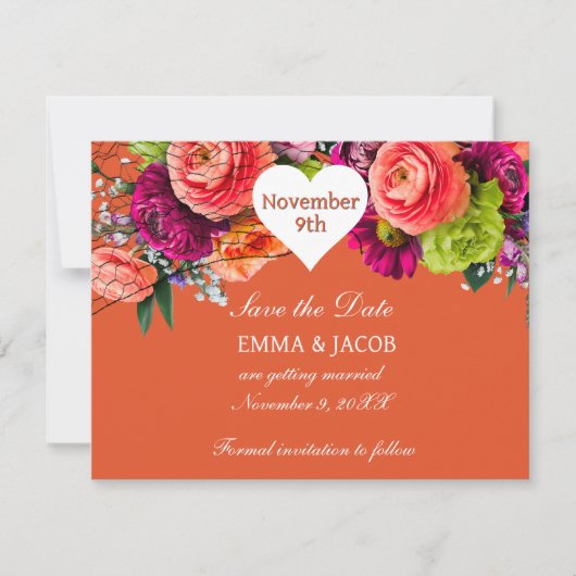 Fettorange und rosa Rosen Save The Date (Vorderseite)