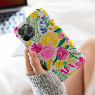 Fettrosa, gelb, floralfarbene Monogramm Case-Mate iPhone Hülle