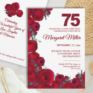 Fettrote florale Zahl Elegant 75. Geburtstag Einladung